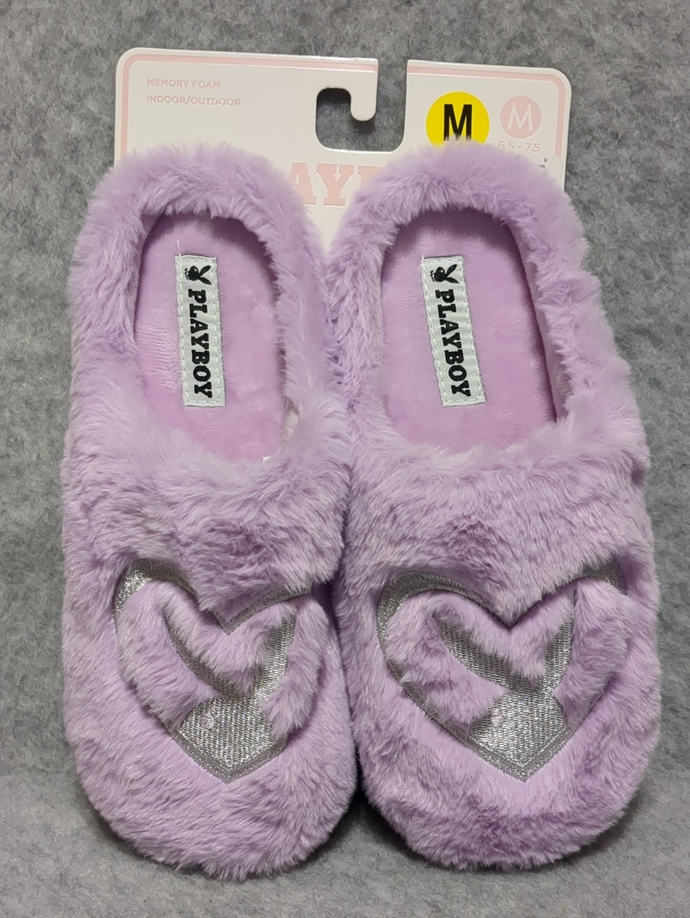 Playboy Silver Logo Bunny Heart Indoor/Outdoor Memory Foam Slippers Women's M